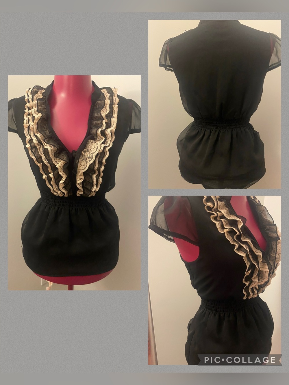 H&M black and blush short sleeve ruffled lace top with synced waist size…